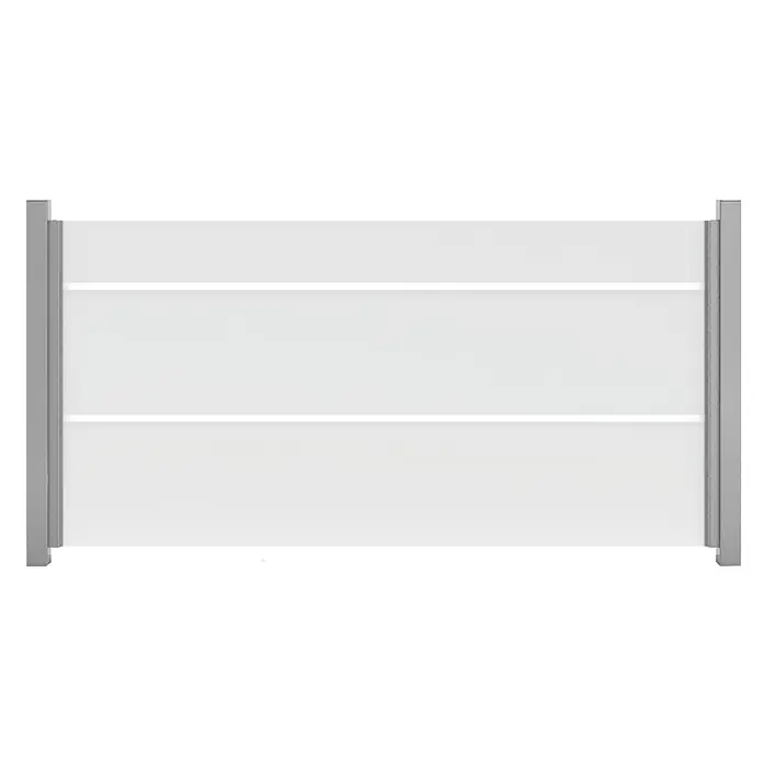 GroJa Ambiente Sichtschutzelement Blockstreifen - B x H: 180 x 90 cm - Weißer Sichtschutz mit grauen Pfosten und horizontalen Paneelen.