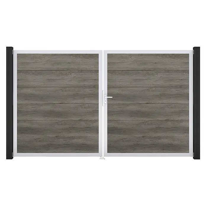 GroJa BasicLine Gartentor - 300 x 180 cm, Monument Oak (EV1), Kunststoff, DIN Anschlag: Rechts - Doppeltor mit grauen Holzimitat-Paneelen, weißem Rahmen und schwarzen Pfosten. Weißer Griff.