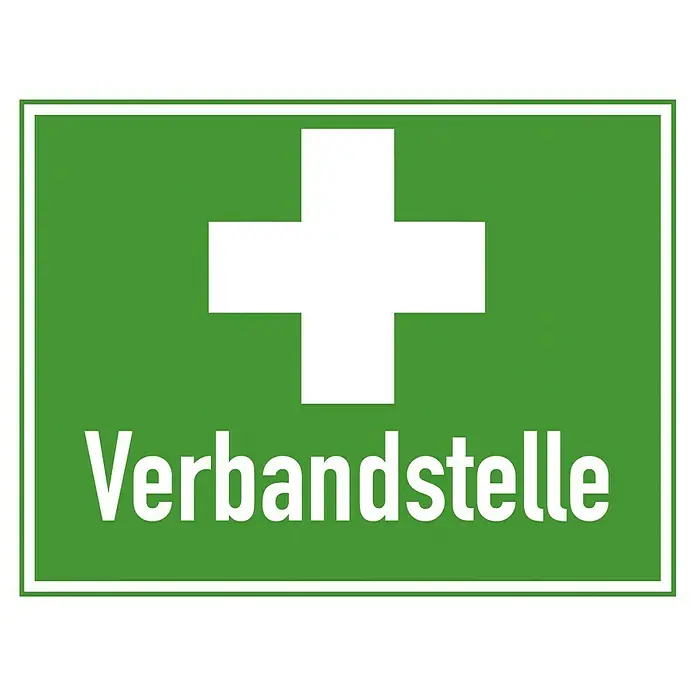 Leina-Werke Rettungszeichen - ASR A 1.3, Hart-PVC, Motiv: Verbandstelle - Bild eines grünen Schildes mit einem weißen Kreuz und dem Wort "Verbandstelle", das auf einen Erste-Hilfe-Bereich hinweist.