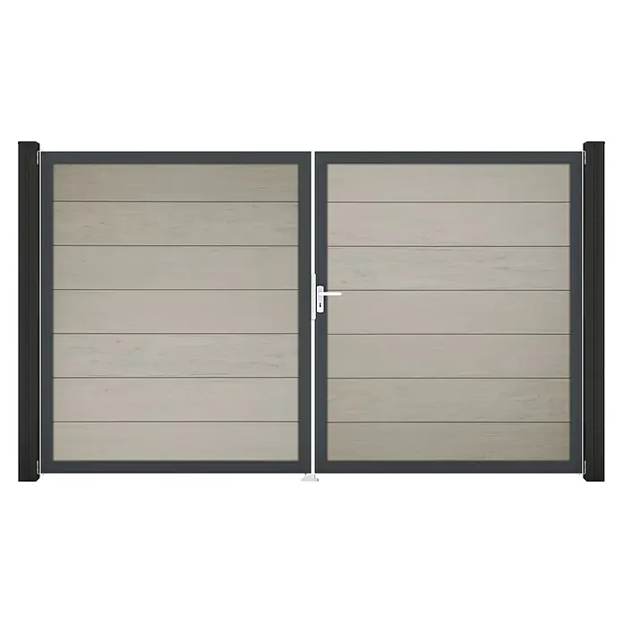 GroJa Solid Gartentor Grande - 300 x 180 cm, Beige (DB), DIN Anschlag: Rechts - Zweiflügeliges Tor mit hellen Holzoptik-Paneelen, dunklem Rahmen und weißem Griff.
