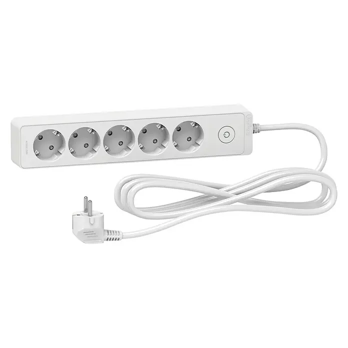 Schneider Electric Base de enchufe múltiple - Blanco, Longitud del cable: 3 m, IP20, Con interruptor, 5 ud. - Una regleta blanca con cinco enchufes, un interruptor y un cable blanco con un enchufe.