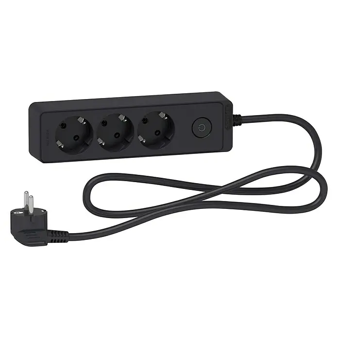 Schneider Electric Base de enchufe múltiple - Antracita, Longitud del cable: 1,5 m, Con interruptor, 3 ud. - Regleta negra con tres enchufes, un botón de encendido y un cable con enchufe, diseñada para un acceso cómodo a la energía.