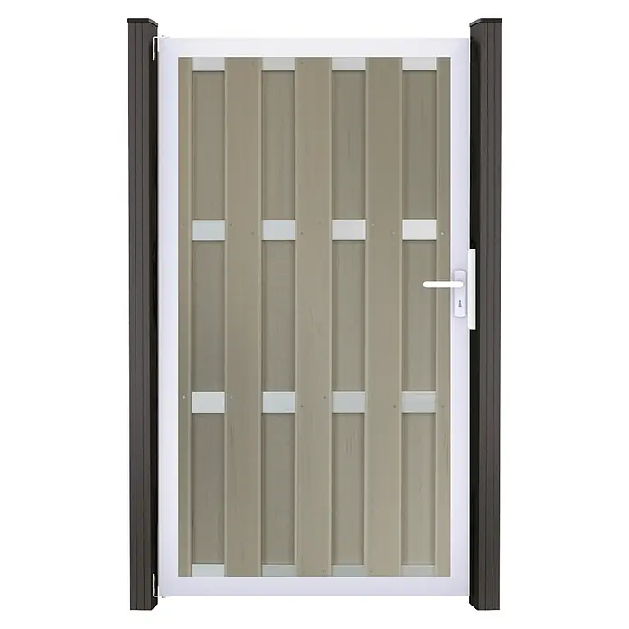 GroJa Gartentor Merano - 100 x 180 cm, Beige (EV1), DIN Anschlag: Links - Weiß umrahmtes Gartentor mit hellbraunen vertikalen Lamellen und weißem Griff.