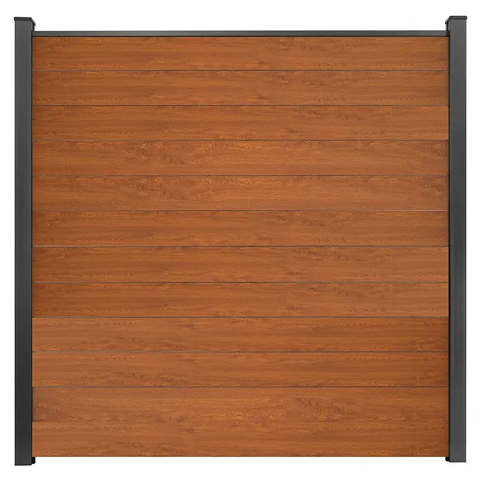 GroJa BasicLine Steckzaun Schmal - 180 x 180 cm, Golden Oak - Sichtschutzzaun aus braunem Holzdekor mit dunkelgrauem Metallrahmen.