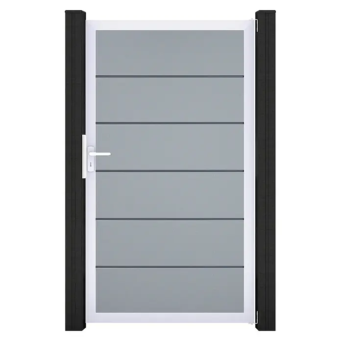 GroJa BasicLine Gartentor Premium - 100 x 180 cm, Silbergrau (EV1), Kunststoff - Modernes graues Latten-Tor mit weißem Rahmen und schwarzen Pfosten, mit weißem Griff.