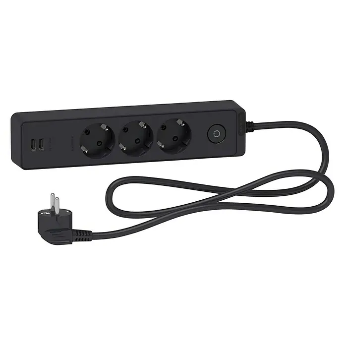 Schneider Electric Base de enchufe múltiple con USB - Antracita, Longitud del cable: 1,5 m, Con interruptor, 3 ud. - Regleta negra con tres enchufes, dos puertos USB, un interruptor de encendido y un cable con enchufe.