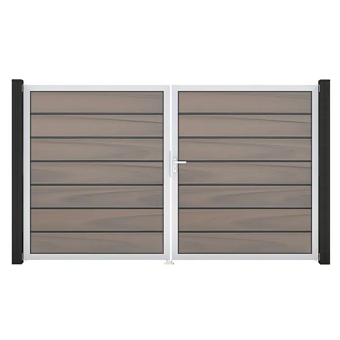 GroJa Solid Gartentor Grande Premium - 300 x 180 cm, Grau (EV1), DIN Anschlag: Rechts - Modernes Flügeltor mit braunen Holzlamellen, weißem Rahmen und dunkelgrauen Pfosten.