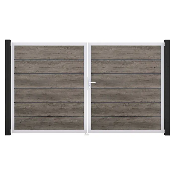 GroJa BasicLine Gartentor Premium - 300 x 180 cm, Monument Oak (EV1), Kunststoff, DIN Anschlag: Rechts - Doppeltes Tor in Holzoptik mit weißem Rahmen und dunklen Seitenpfosten.