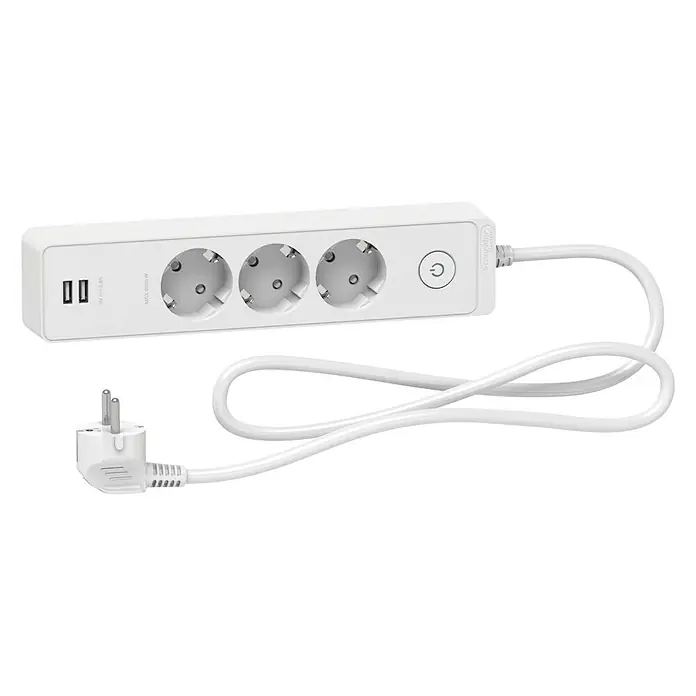 Schneider Electric Base de enchufe múltiple con USB - Blanco, Longitud del cable: 1,5 m, Con interruptor, 3 ud. - Regleta con tres enchufes y puertos USB dobles para un acceso versátil a la energía. Ideal para el hogar o la oficina.