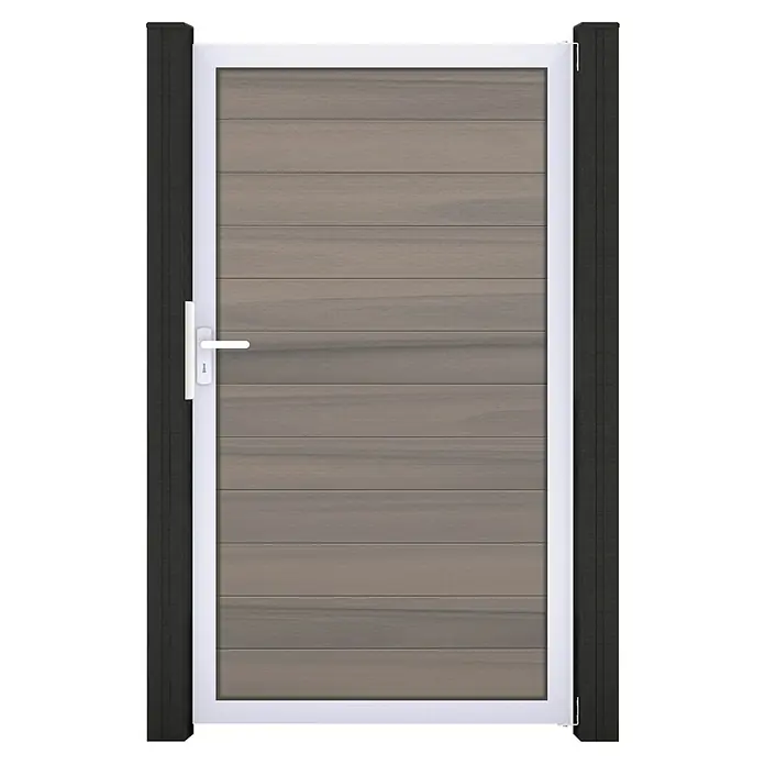 GroJa Solid Gartentor - 100 x 180 cm, Beige (EV1) - Modernes Gartentor mit horizontaler Holzoptik-Füllung, weißem Rahmen und dunklen Pfosten.