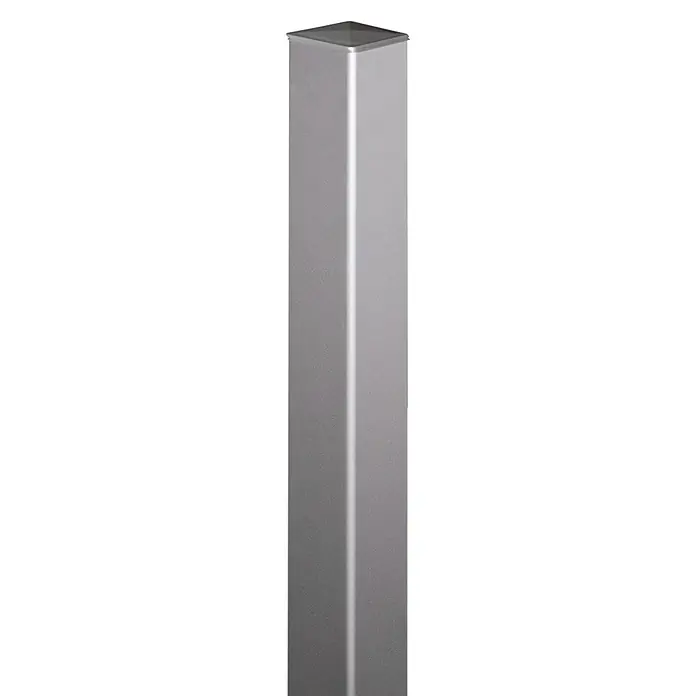 GroJa Ambiente Zaunpfosten - Höhe: 190 cm, Durchmesser: 60 mm, Silber EV1, Aluminium - Quadratischer, silberner Metallpfosten mit Kappe.