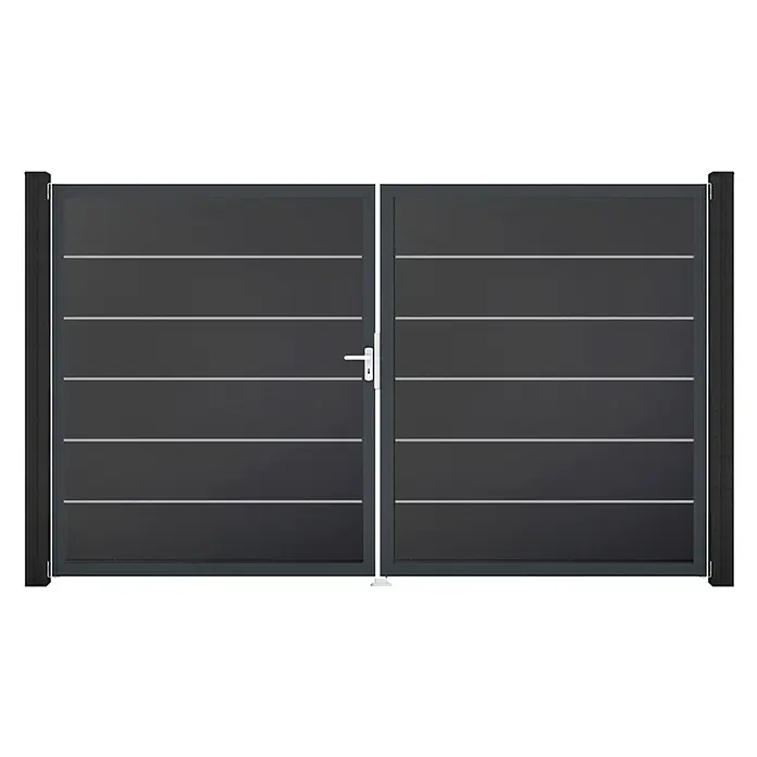 GroJa BasicLine Gartentor Premium - 300 x 180 cm, Anthrazit (DB703), Kunststoff, DIN Anschlag: Links - Dunkelgraues, modernes Doppeltor mit horizontalen Linien und silbernem Griff.