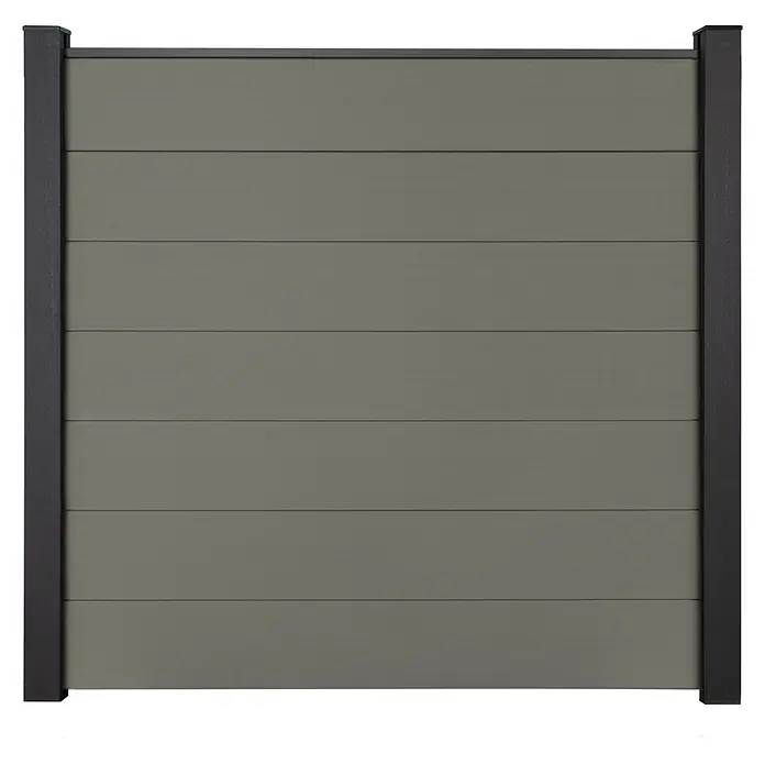 GroJa Solid Steckzaun Grande - 180 x 180 cm, Grau - Graues WPC-Sichtschutzzaun-Element mit horizontalen Lamellen und dunklen Pfosten.