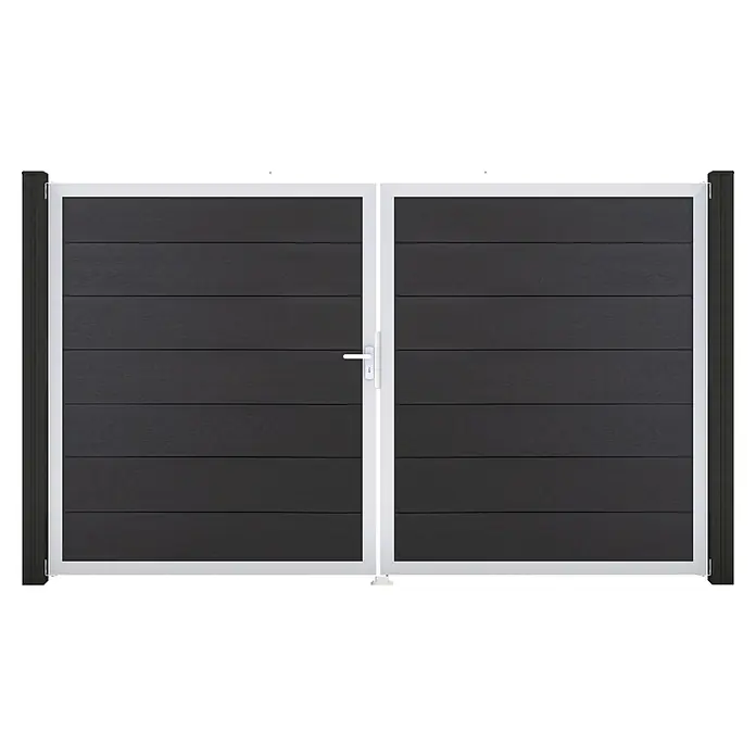 GroJa Solid Gartentor Grande - 300 x 180 cm, Anthrazitgrau (EV1), DIN Anschlag: Links - Doppelflügeliges dunkelgraues Tor mit horizontalen Paneelen und weißem Rahmen, mit Griff.