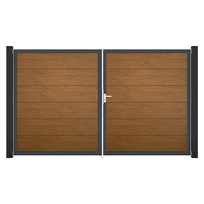GroJa BasicLine Gartentor - 300 x 180 cm, Golden Oak (DB703), Kunststoff, DIN Anschlag: Rechts - Braunes Doppelflügeltor in Holzoptik mit dunkelgrauem Metallrahmen und weißem Griff.