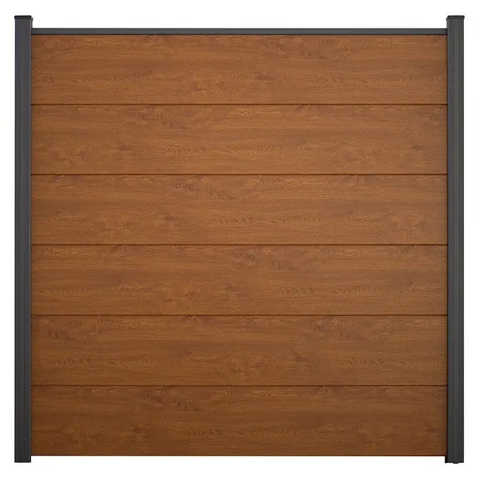 GroJa BasicLine Steckzaun - 180 x 30 cm, Golden Oak - Braunes Sichtschutzelement in Holzoptik mit dunkelgrauem Metallrahmen.