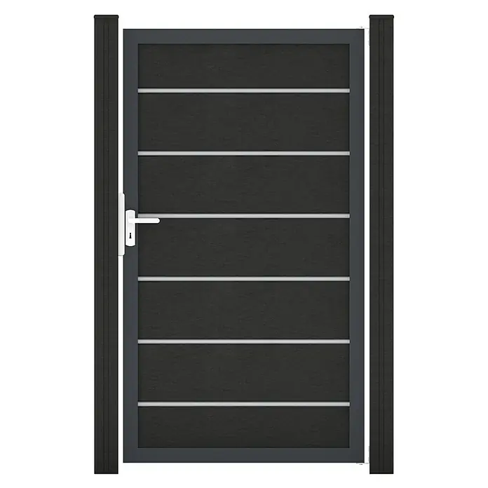 GroJa Solid Gartentor Grande Premium - 100 x 180 cm, Anthrazitgrau (DB703) - Anthrazitfarbenes Gartentor mit horizontalen silbernen Linien und weißem Griff, umrahmt von passenden Pfosten.