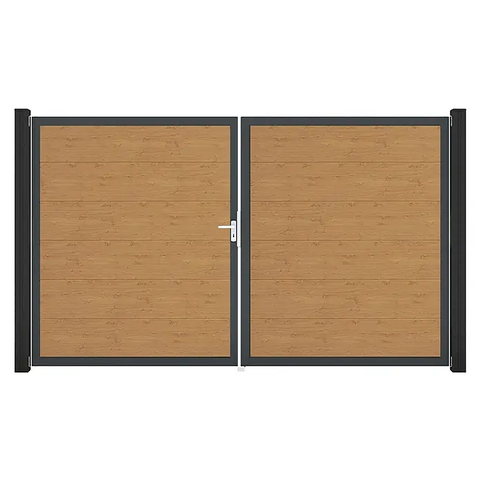 GroJa BasicLine Gartentor - 300 x 180 cm, Asteiche Natur (DB703), Kunststoff, DIN Anschlag: Links - Doppeltor mit hellbraunen Holzoptik-Planken und dunkelgrauem Rahmen, inklusive weißem Griff.