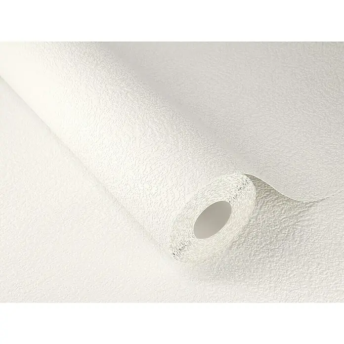 Rasch Selection Papiertapete Relief - Weiß, Uni, 10,05 x 0,53 m - Nahaufnahme einer Rolle weißer, strukturierter Tapete, die ein elegantes und schlichtes Design für die moderne Inneneinrichtung bietet.
