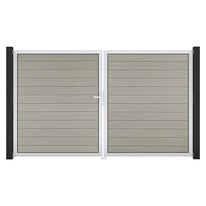 GroJa Solid Gartentor - 300 x 180 cm, Beige (EV1), DIN Anschlag: Links - Doppeltor mit hellgrauen horizontalen Holzlatten, weißem Rahmen, schwarzen Pfosten und weißem Griff.