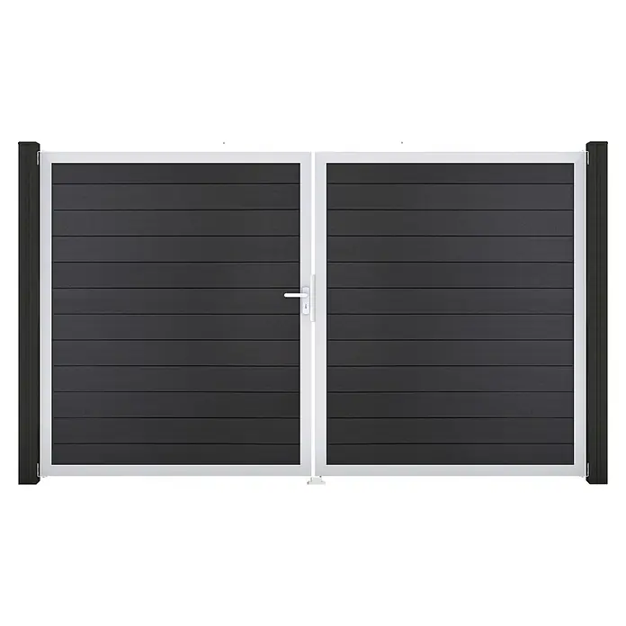 GroJa Solid Gartentor - 300 x 180 cm, Anthrazitgrau (EV1), DIN Anschlag: Links - Dunkelgraues Doppeltor mit horizontalen Lamellen, weißem Rahmen und weißem Griff.