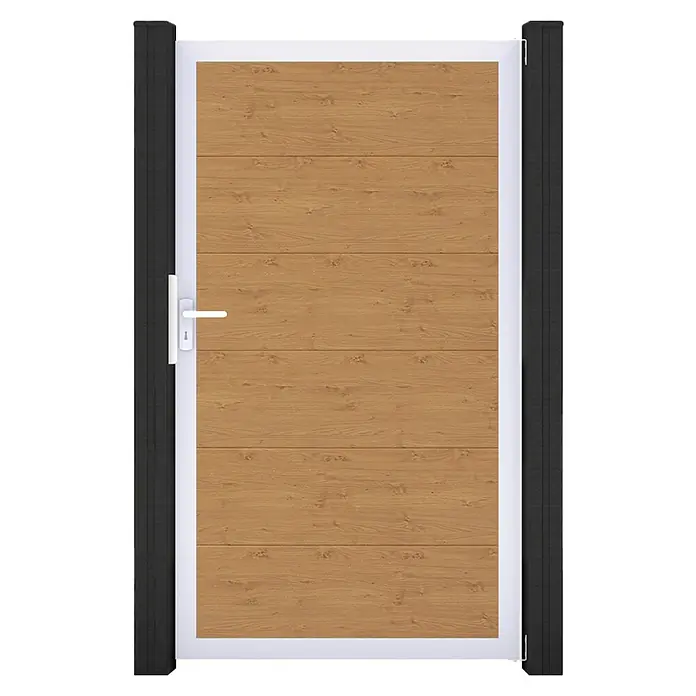 GroJa BasicLine Gartentor - 100 x 180 cm, Asteiche Natur (EV1), Kunststoff - Moderne Fußgängertür mit hellbraunen Holzpaneelen, weißem Rahmen, Griff und dunklen Pfosten.