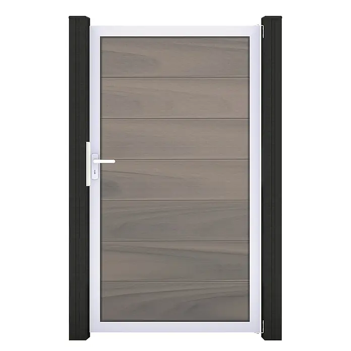 GroJa Solid Gartentor Grande - 100 x 180 cm, Beige (EV1) - Weiß gerahmtes Gartentor mit horizontalen grauen Holzlamellen und weißem Griff, flankiert von dunklen Pfosten.