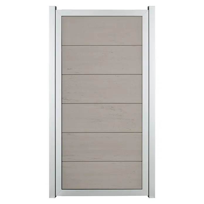 GroJa Viento Steckzaun - 90 x 180 cm, Beige (EV1) - Modernes Paneel mit hellbraunen Holzoptik-Lamellen und hellgrauem Aluminiumrahmen.