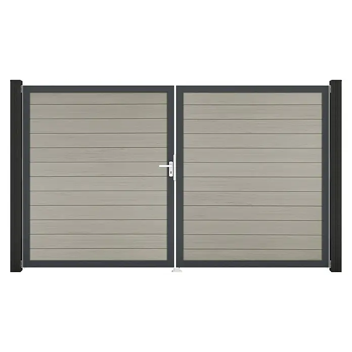 GroJa Solid Gartentor - 300 x 180 cm, Beige (DB), DIN Anschlag: Rechts - Doppeltes Gartentor mit dunkelgrauem Metallrahmen und hellen Holzoptik-Paneelen, mit weißem Griff.