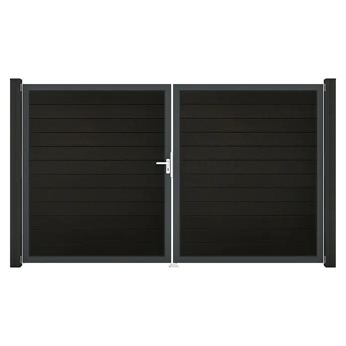GroJa Solid Gartentor - 300 x 180 cm, Schwarz (DB703), DIN Anschlag: Links - Dunkelgraues Doppeltor mit horizontalen Lamellen und weißem Griff.