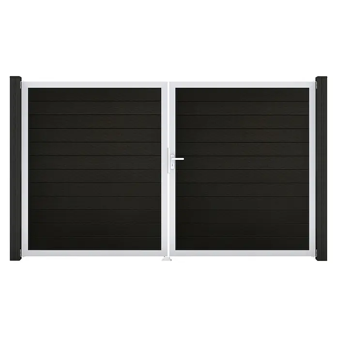 GroJa Solid Gartentor - 300 x 180 cm, Schwarz (EV1), DIN Anschlag: Rechts - Dunkelgraues Komposit-Doppeltor mit weißem Rahmen und Griff.