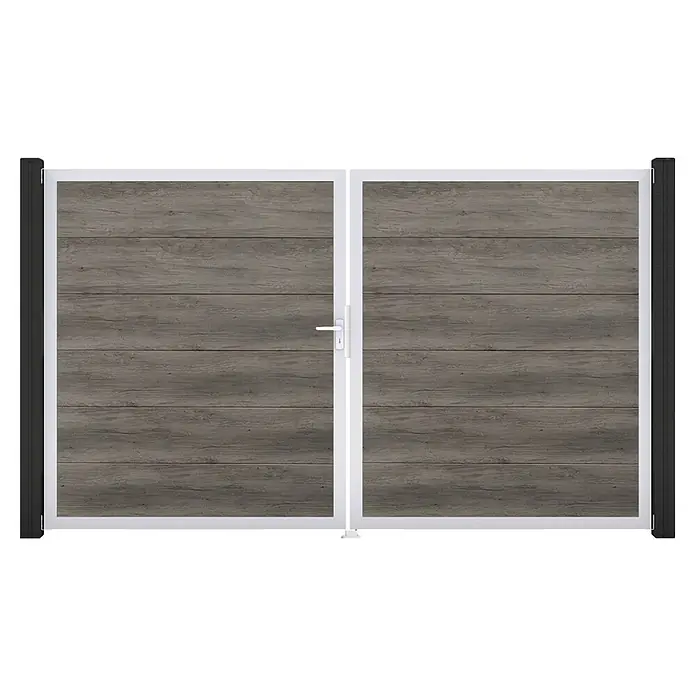 GroJa BasicLine Gartentor - 300 x 180 cm, Monument Oak (EV1), Kunststoff, DIN Anschlag: Links - Doppeltor mit grauen Holzpaneelen, weißem Rahmen und dunklen Seitenpfosten. Mit weißem Griff.
