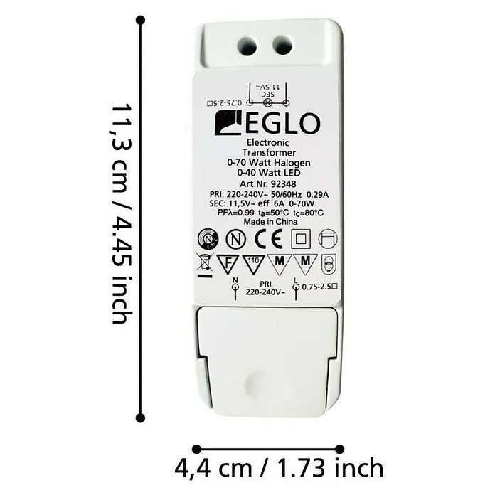 Eglo LED-Trafo - 0 W - 70 W, 230 V, Weiß, Dimmbar - Abbildung eines EGLO Elektroniktransformators für Halogen- und LED-Lampen mit den Maßen 11,3 cm Höhe und 4,4 cm Breite.