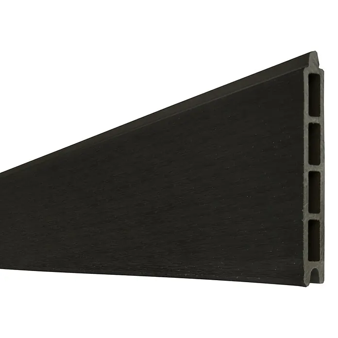 GroJa Solid Steckzaun - 180 x 15 cm, Schwarz co-extrudiert - Dunkle WPC-Terrassendiele mit Holzmaserung und Hohlkammerstruktur.
