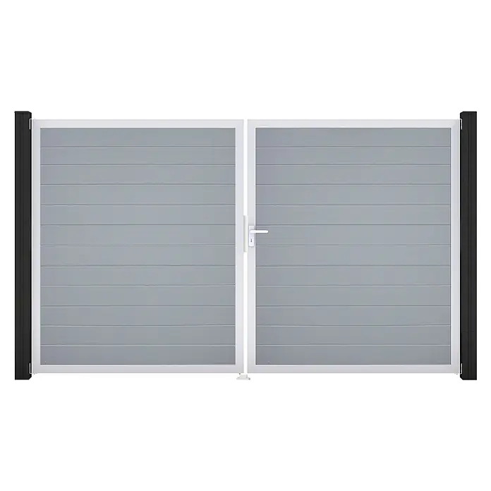 GroJa BasicLine Gartentor Schmal - 300 x 180 cm, Silbergrau (EV1), Kunststoff, DIN Anschlag: Rechts - Helles graues Doppeltor mit weißem Rahmen und schwarzen Pfosten, horizontale Lamellen.