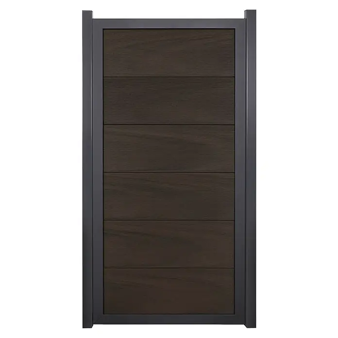 GroJa Viento Steckzaun - 90 x 180 cm, Walnuss (DB703) - Dunkelgraues Torpanel mit dunkelbrauner horizontaler Lamellenfüllung.