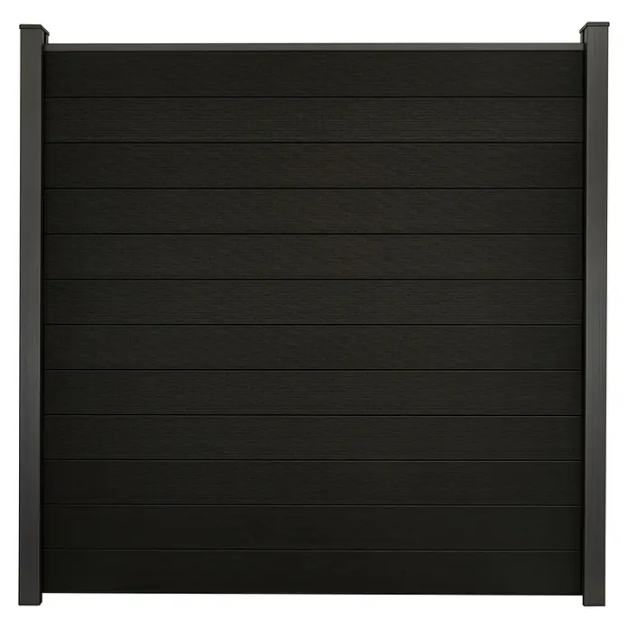 GroJa Solid Steckzaun - 180 x 180 cm, Schwarz - Dunkles WPC-Zaunfeld mit horizontalen Lamellen und grauen Pfosten.
