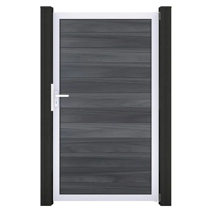GroJa Solid Gartentor - 100 x 180 cm, Steingrau (EV1) - Dunkelgraues Holztor mit weißem Rahmen und dunklen Pfosten, inklusive weißem Griff.