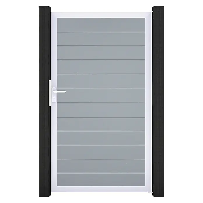 GroJa BasicLine Gartentor Schmal - 100 x 180 cm, Silbergrau (EV1), Kunststoff - Graues Garten-Seitentor mit horizontalen Lamellen, weißem Rahmen und schwarzen Pfosten.
