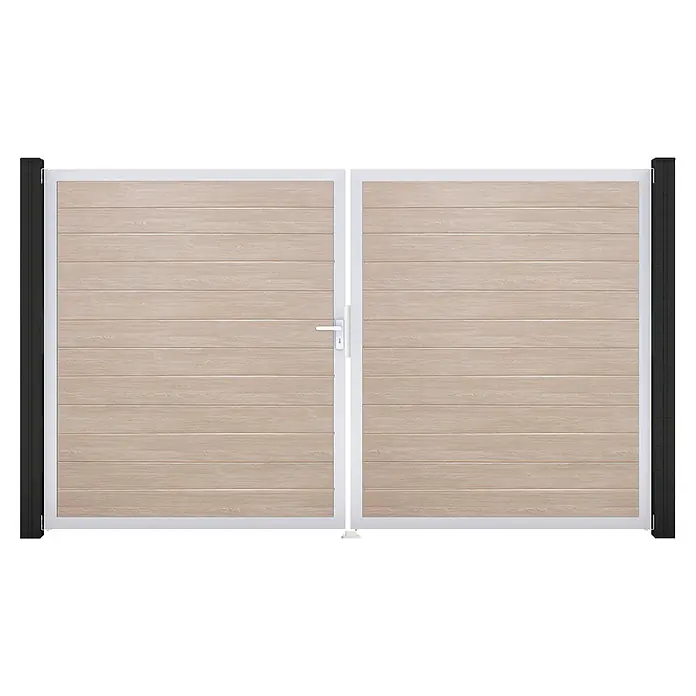 GroJa BasicLine Gartentor Schmal - 300 x 180 cm, Shefflied Oak (EV1), Kunststoff, DIN Anschlag: Links - Doppeltor in heller Holzoptik mit weißem Rahmen und dunklen Pfosten.