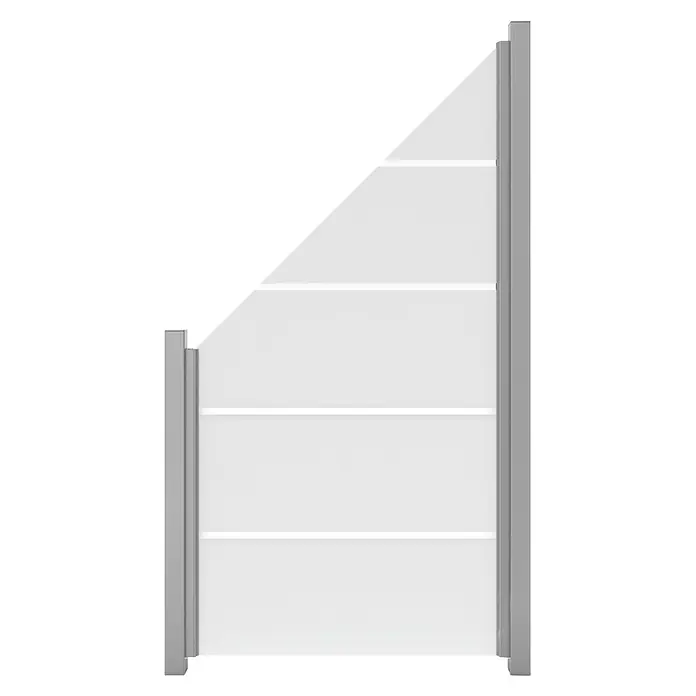 GroJa Ambiente Sichtschutz-Abschlusselement Blockstreifen - B x H: 90 x 180 cm, Schräg links - Weißes Kleiderschranktürelement mit abgeschrägter Oberkante und horizontalen Paneelen, gerahmt von dunkelgrauen Profilen.