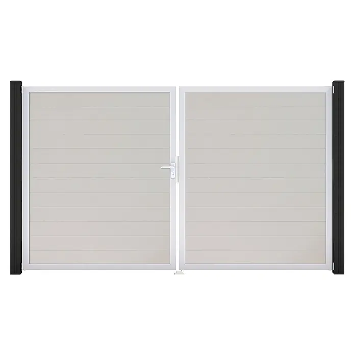 GroJa BasicLine Gartentor Schmal - 300 x 180 cm, Weiß (EV1), Kunststoff, DIN Anschlag: Links - Helles graues Doppeltor mit horizontalen Lamellen, weißem Rahmen und dunkelgrauen Pfosten.