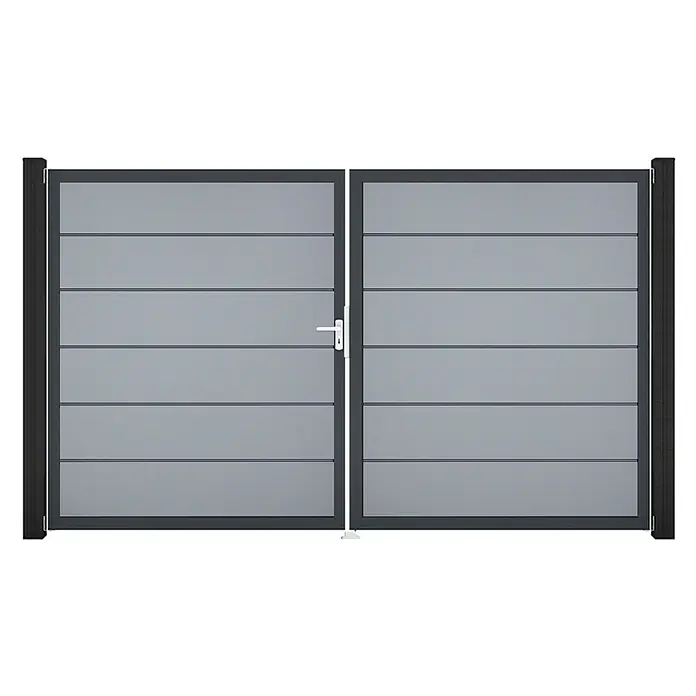 GroJa BasicLine Gartentor Premium - 300 x 180 cm, Silbergrau (DB703), Kunststoff, DIN Anschlag: Links - Modernes graues Doppeltor mit horizontalen Lamellen, dunklem Rahmen und weißem Griff.