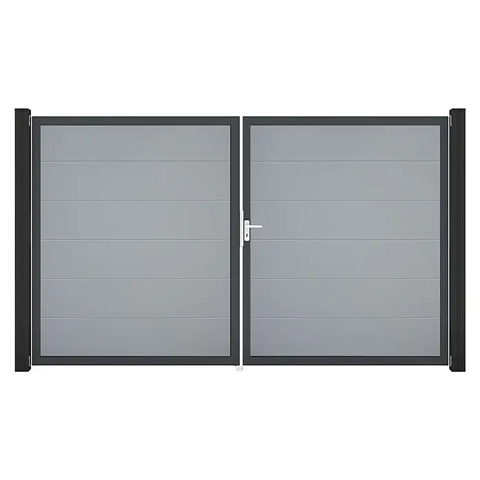 GroJa BasicLine Gartentor - 300 x 180 cm, Silbergrau (DB703), Kunststoff, DIN Anschlag: Rechts - Grau Doppeltor mit horizontalen Paneelen, dunkelgrauem Rahmen und weißem Griff.