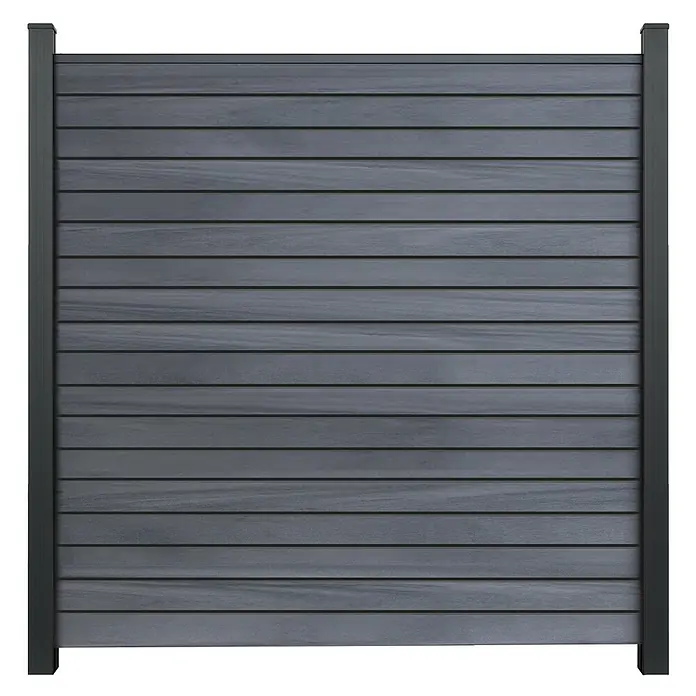 GroJa Solid Steckzaun Rhombus - 180 x 180 cm, Steingrau - Dunkelgraues Lamellen-Sichtschutzelement mit dunkelgrauen Stützpfosten.