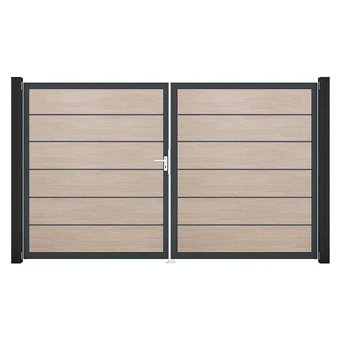 GroJa BasicLine Gartentor Premium - 300 x 180 cm, Shefflied Oak (DB703), Kunststoff, DIN Anschlag: Links - Zweiflügeliges Drehtor mit hellen Holzpaneelen, dunkelgrauem Rahmen und einem weißen Griff an der linken Seite.