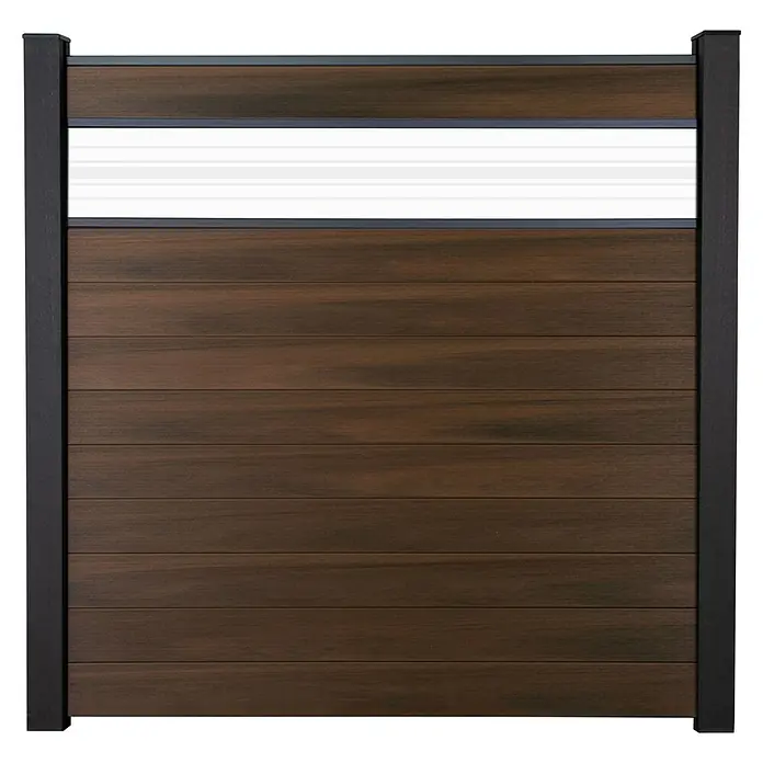 GroJa Solid Steckzaun - 180 x 180 cm, Walnuss, Mit Glaseinsatz - Dunkelbraunes Zaunelement in Holzoptik mit dunkelgrauem Rahmen und einem weißen, lichtdurchlässigen Akzentstreifen.