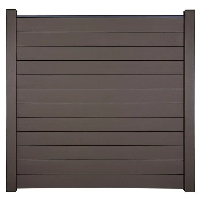 GroJa Solid Steckzaun - 180 x 180 cm, Terra - Braunes WPC-Zaunelement mit horizontalen Lamellen, gerahmt von dunkleren Pfosten und einer dunkelgrauen Oberleiste.