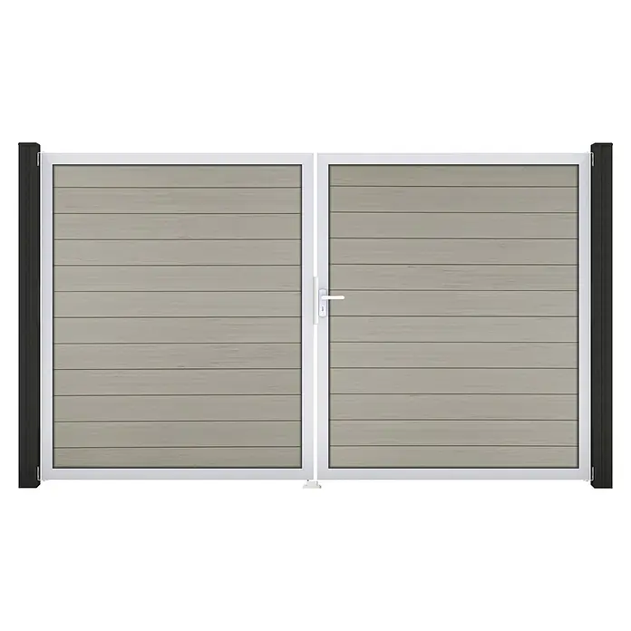 GroJa Solid Gartentor - 300 x 180 cm, Beige (EV1), DIN Anschlag: Rechts - Doppeltor mit hellgrauen horizontalen Holzlamellen, weißem Rahmen und dunklen Seitenpfosten, mit weißem Griff.
