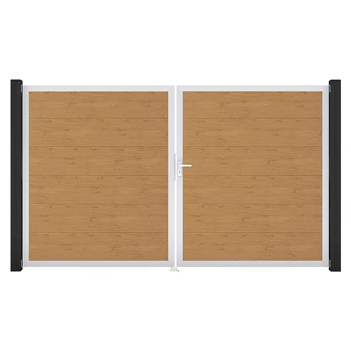 GroJa BasicLine Gartentor - 300 x 180 cm, Asteiche Natur (EV1), Kunststoff, DIN Anschlag: Rechts - Doppeltor mit hellbraunen Holzpaneelen, weißem Rahmen und schwarzen Pfosten. Mit weißem Griff.